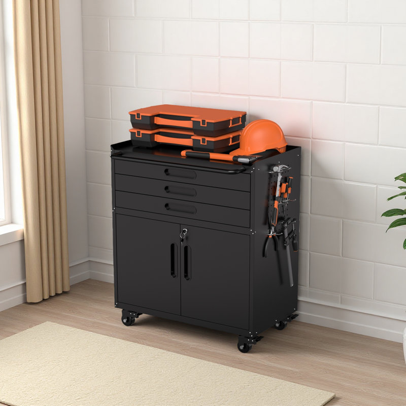 Armoire à outils roulante 34,3 po en métal - Rangement de garage robuste avec portes verrouillables et 3 tiroirs, organisateur d'établi mobile pour garage, atelier, maison