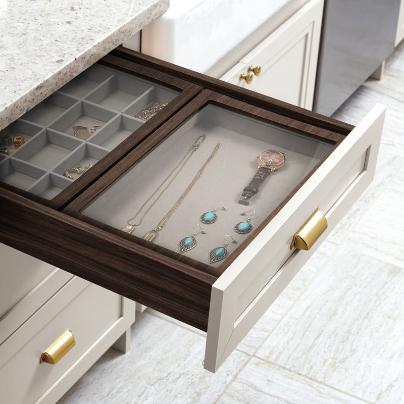 Jewellery Organizer Tray With Clear Lid 24 Grid Velvet Drawer Insert Jewellery Storage Box With Transparent Glass Lid Jewellery Display Case With Lock(Beige, 24 Grid)