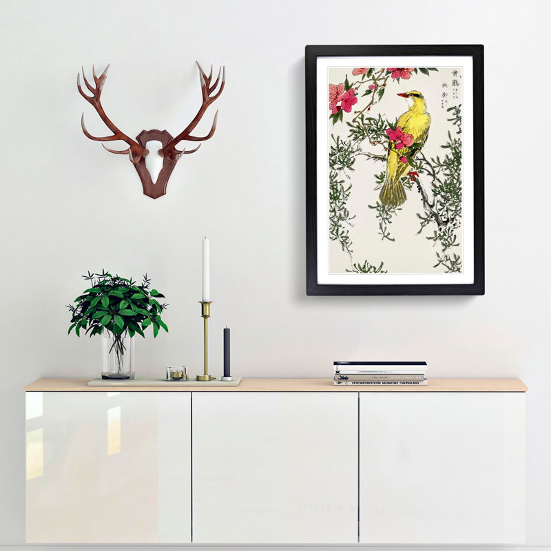 Bush-Warbler & Drooping Peach by Numata Kashu - Picture Frame Art Print, 36cm H x 27cm W x 2cm D, Black Framed