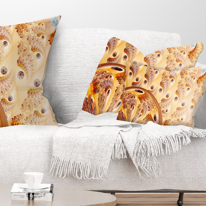 Vibrant Fractal Flower Pattern - Abstract Printed Throw Pillow, Beige/Brown