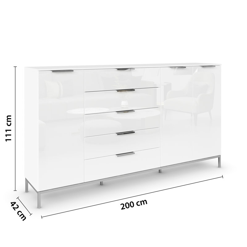 Flipp 5 - Drawer Chest of Drawers, Alpine White/White Glass/Chrome