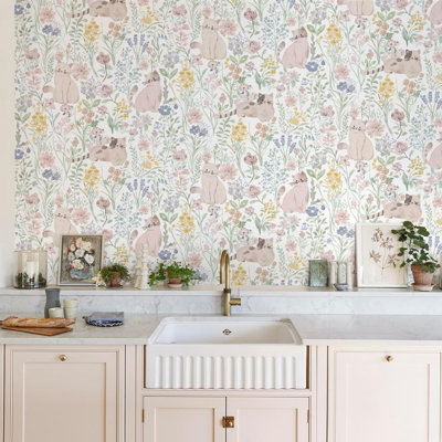 Lovely Retro Wall Paper Roll 44 x 1000 cm Pink Cat and Floral Vinyl Wallpaper