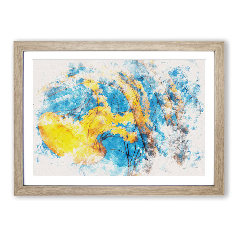 Yellow Jellyfish Watercolour - Picture Frame Graphic Art, 45cm H x 63cm W x 2cm D, Oak