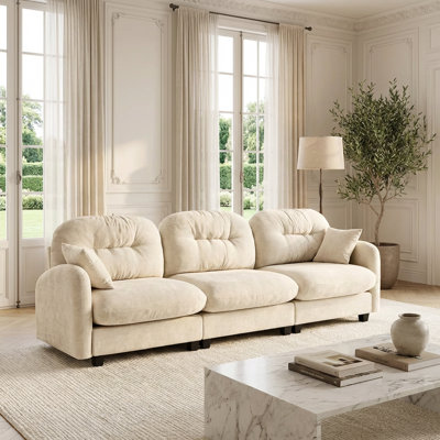 107" Chenille 3-Seater Sofa with Deep Cushions, Tufted Backrest and Accent Pillows, Beige