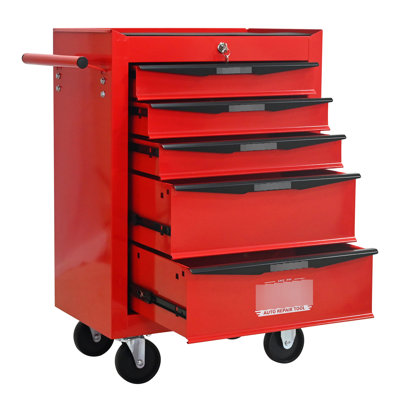 Red&Black, 20", 5 Tool Chest, Bearing Slides, Gentle Drawer Movement, Storage Trolley, Swivel , Lock 5 Drawers Chest In Slides For Precise Positioning, Organizer With 4 Universal Wheels And Key