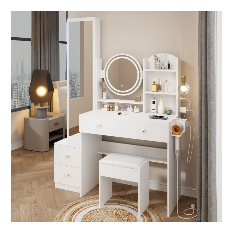 Armoire à miroir pleine grandeur + coiffeuse à miroir rond à DEL + tabouret rembourré, avec 2 centrales électriques + 2 centrales USB, miroir à DEL de 17 po de diamètre, commande tactile, 3 couleurs, luminosité réglable, grand bureau