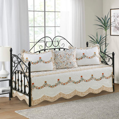 4 Piece Carnation Floral Embroidery Daybed Cover Set