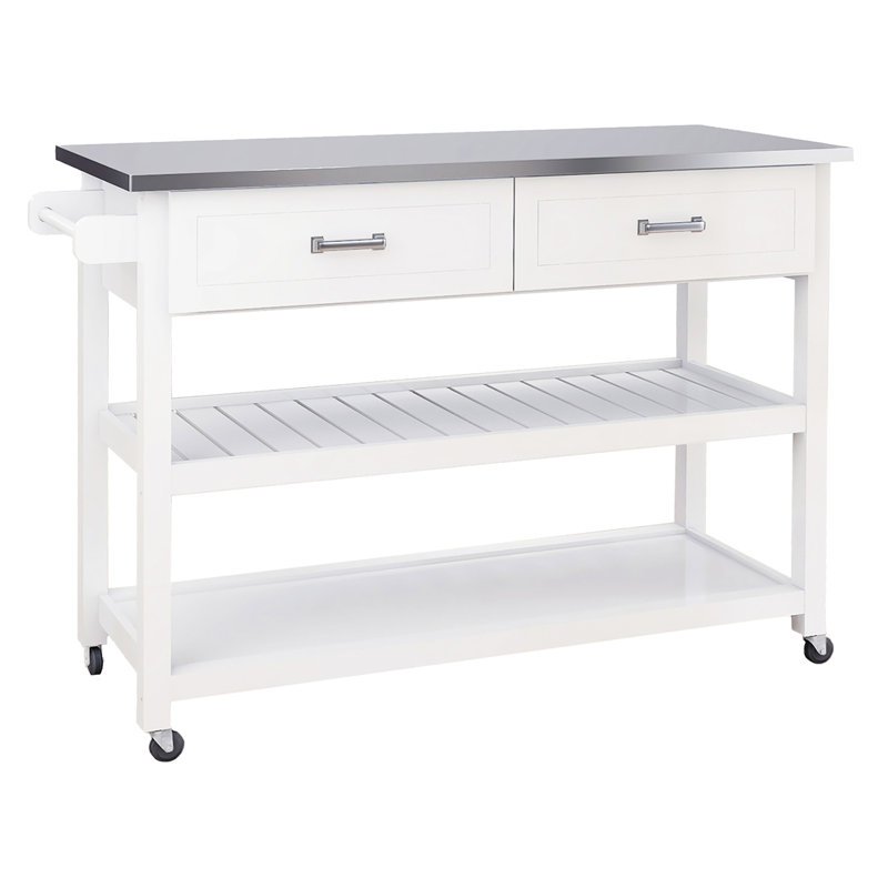 White Kitchen Cart Featuring Stainless Steel Top And Two Drawers - Space Efficient Accessory With Tabletop Simple Saving Design