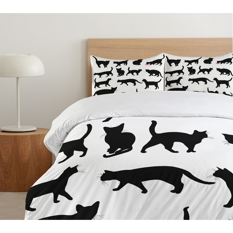Queen Size Black and White Cat Silhouette Duvet Cover Set