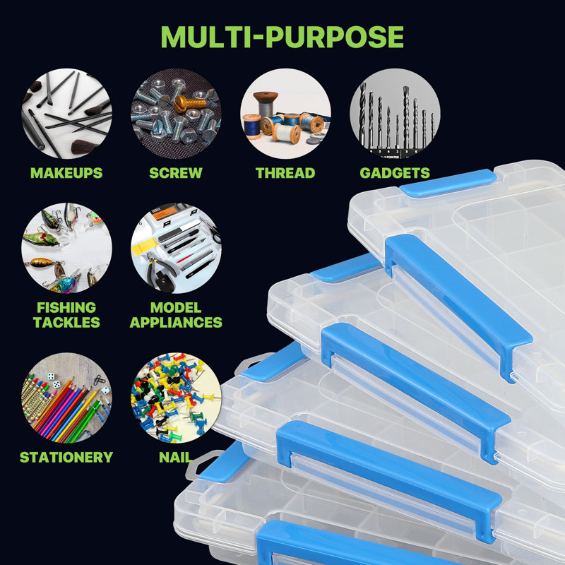 4-Pack Clear Plastic Grid Storage Boxes With 15 Adjustable Compartments & Removable Dividers – Jewelry, Craft, Hardware Organizer