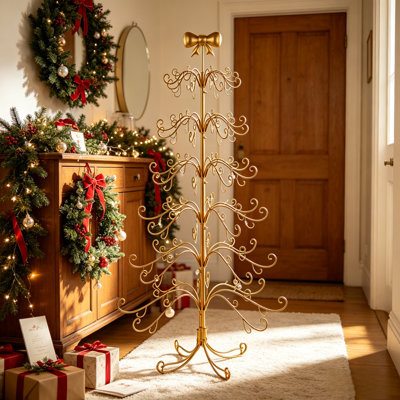 6FT Gold Metal Ornament Display Tree with Bow Top, Freestanding Wrought Iron Christmas Ornament Holder Rack for Holiday Decor