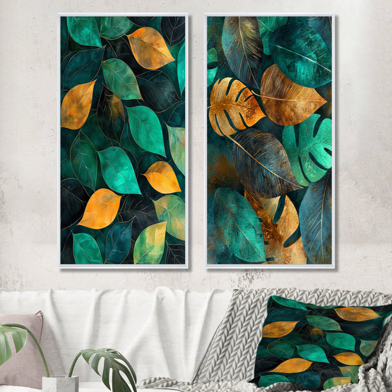Vert et orange éthéré sérénade de feuilles I - ensemble d'art mural floral de 2, H 40 po x l 40 po, Cadre flottant blanc