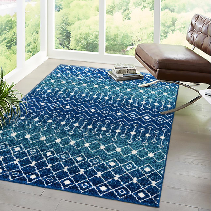Tapis bleu / ivoire en polypropylène tissé à la machine Briehn, Rectangle 9 pi x 12 pi