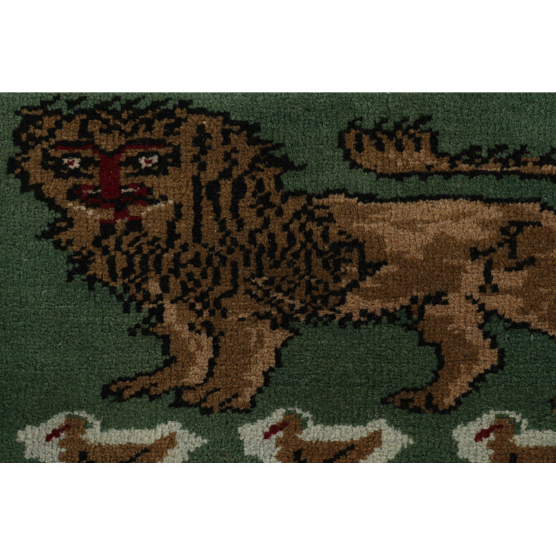 Vintage  Turkish Rug, Green With Brown Lion Pictorial - Rug & Kilim