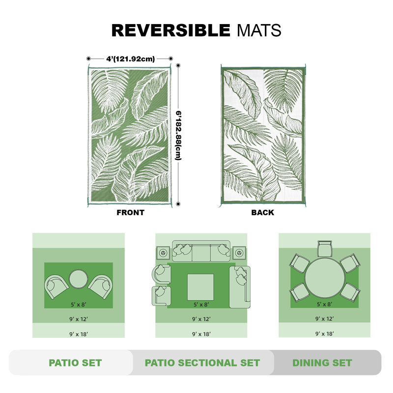 Tapis floral intérieur / extérieur vert floral, Rectangulaire 12 pi x 9 pi