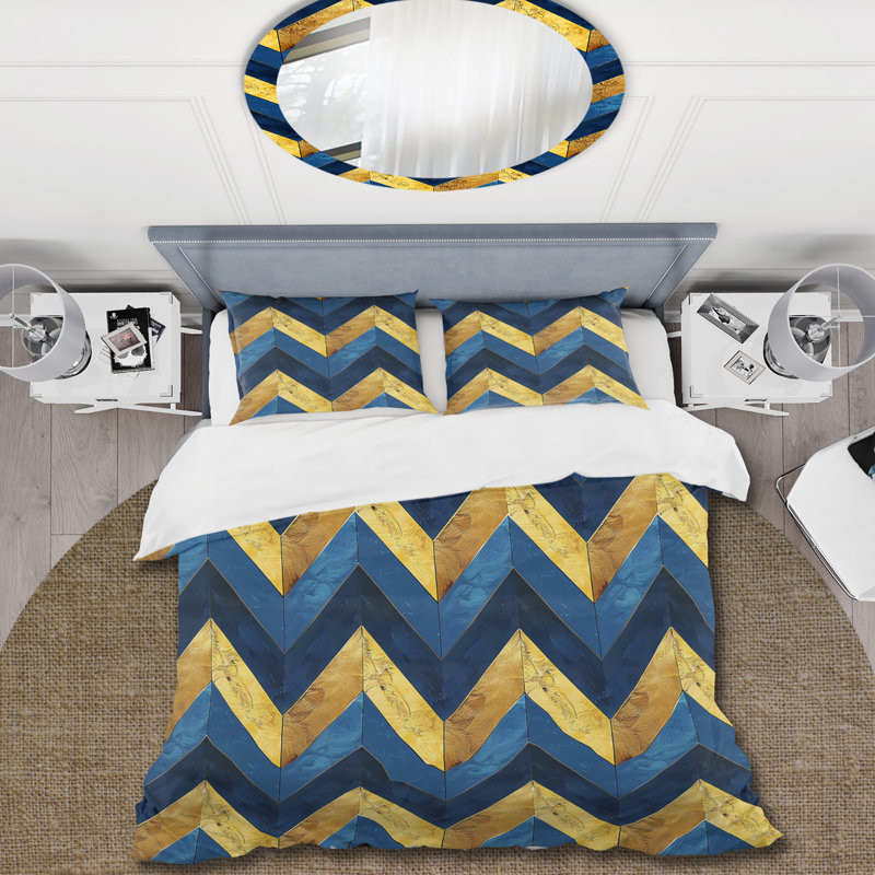 Ensemble de housse de couette Blue Gold Glamour Chevron VII - Midcentury, Housse de couette très grand + 2 taies décorativ