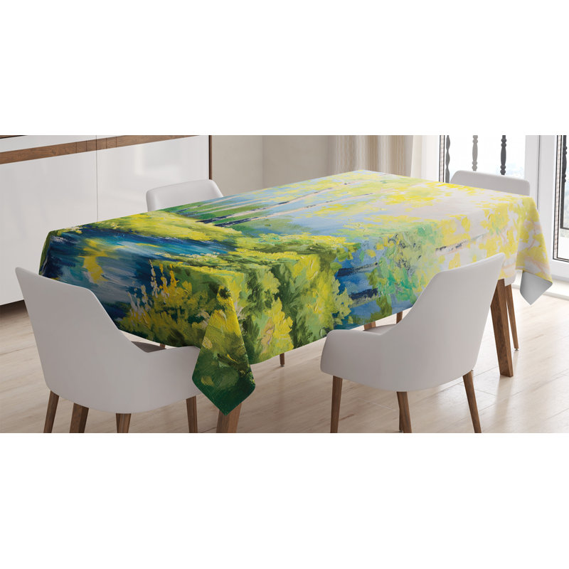 Ambesonne Country Tablecloth, Pastoral Paint Of A Forest In The Spring Time With Fresh Colored Leaves Trees Art, Rectangular Table Cover For Dining Room Kitchen Decor, 52" X 70", Green Blue
