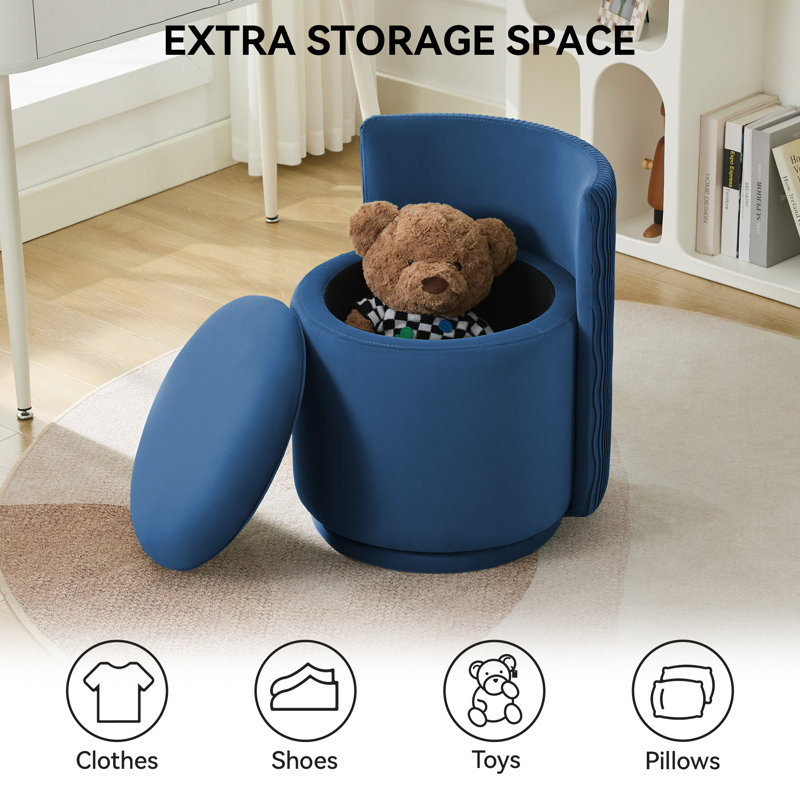 Upholstered Swivel Barrel Chair With Storage, Blue Velvet, Regular