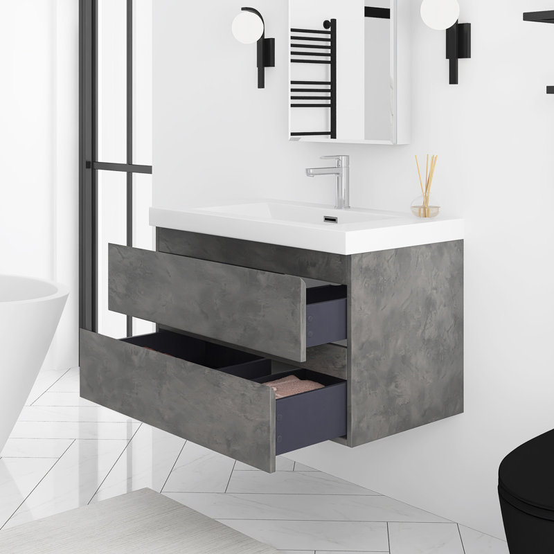 36" Wall-Mounted Single Bathroom Vanity With Integrated Resin Top, Gray