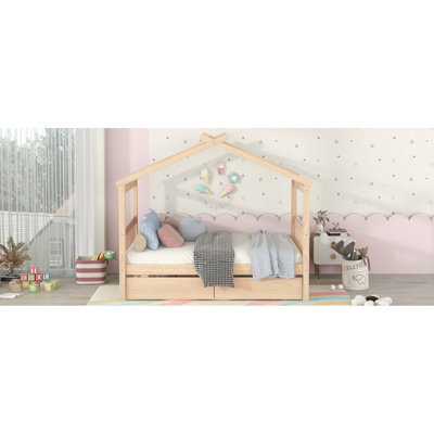Lit double pleine grandeur en bois avec tiroirs, naturel