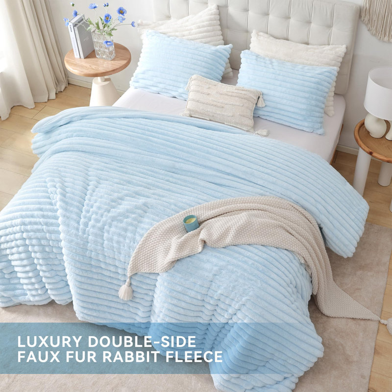 Fluffy Comforter Set 3 Pieces- All Seasons Heavy Faux Fur Comforter With Two Pillowcases, Blue