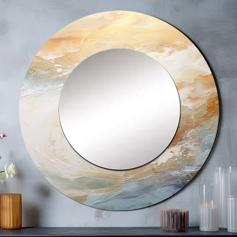 Rodrigue doré et bleu plage Tranquility III - grand miroir mural de plage, miroir décoratif rond beige, impression d'art en métal