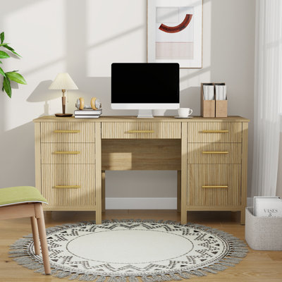Large Wooden Desk With 7 Drawers Modern: 60" Oak Executive Office Desk With File Drawer, Wood Computer Desks With Storage, Fluted Computer Writing Des by Ebern Designs