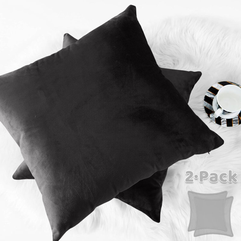 Square Luxury Velvet plush Cushion cover sofa throws Pack of 2, Black