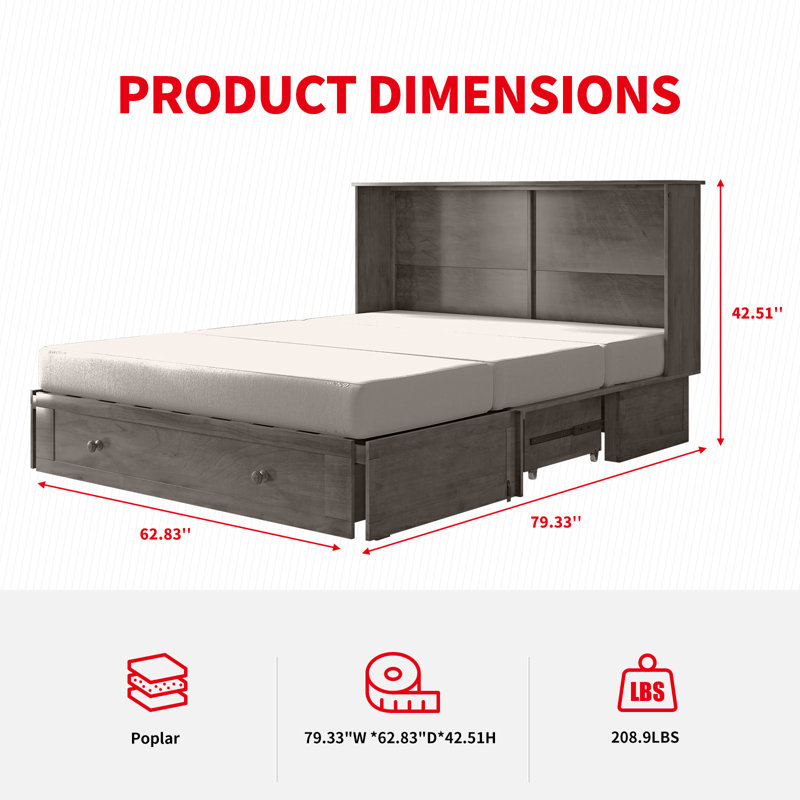 Queen Murphy Bed Cabinet with USB & Storage, Foldable Mattress for Guest Room, Gray