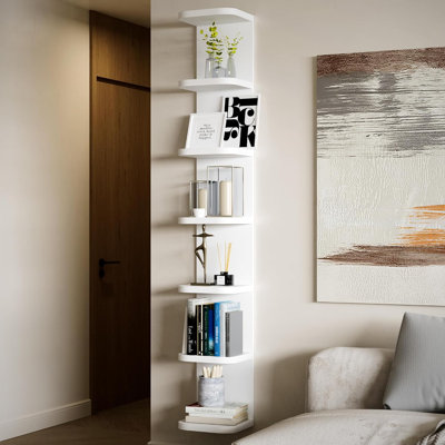 Étagère murale à 7 niveaux, blanche, flottante, décorative, avec bords arrondis, haute tablette verticale.
