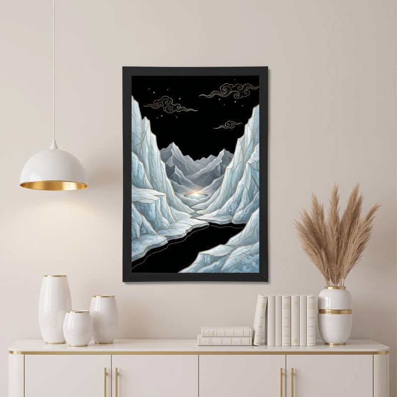 Art mural sur toile Montagnes bleu clair avec lignes dorées et ciel étoilé, H 30 po x l 20 po