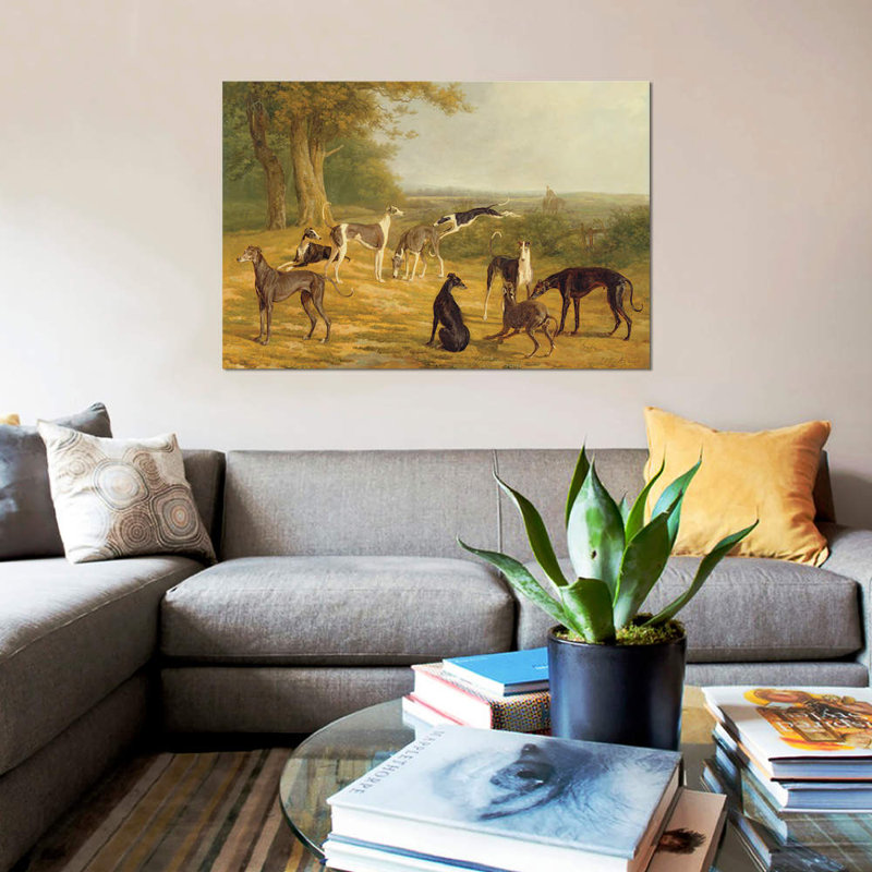 Reproduction d'art graphique sur toile tendue, "Les lévriers dans un paysage" par Jacques-Laurent Agasse, Blanc