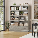 Farmhouse Bookshelf and Bookcase, 47" Wide Bookcase with Drawers, 5 Tier Book Shelves with Storage, Large Display Shelves, 63" Tall Wood Standing Shelving Unit for Office, Study, Ash Grey