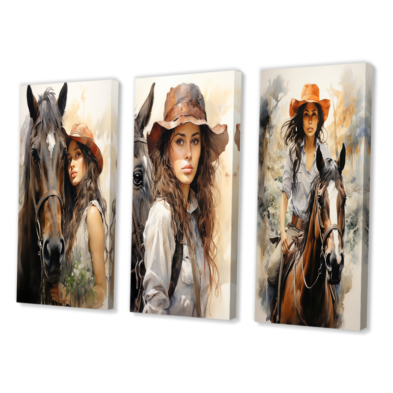 «Cowgirl And Horse Bond», 3 pièces, Toile tendue, H 20 po x l 36 po