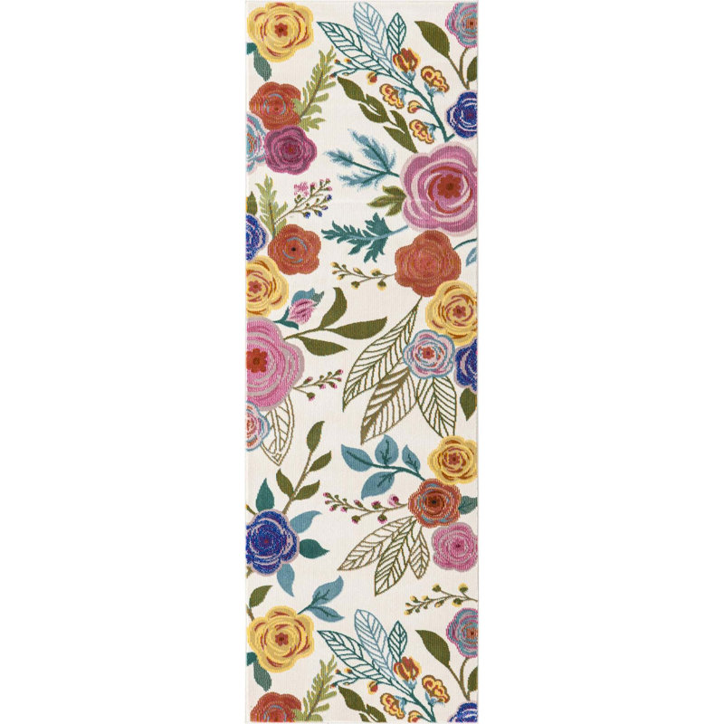 Tapis ivoire à motif floral Daignault, Tapis de couloir 2 pi x 6 pi