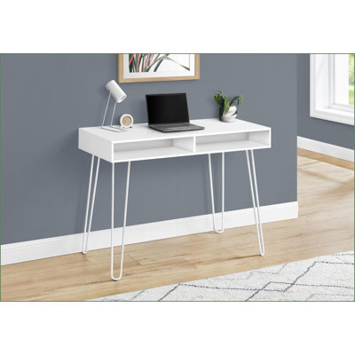 Desks, Modern 40”L Computer Desk with Storage Cubbies, White Laminate &amp; Metal Hairpin Legs | White | Particle Board