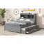 Lit plateforme double avec lit gigogne, tiroirs et prises USB, gris