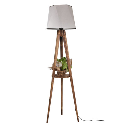 Scandinavian Floor Lamp with Wooden Body & Fabric Cap, Grey | Total Height: 65.0 inches, Cap Diameter: 17.3 inches, Foot Diameter: 19.7 inches, Includes Wooden Shelves (10.2 x 10.2 inches) | Stylish On/Off Switch, Max 40W E27 Socket