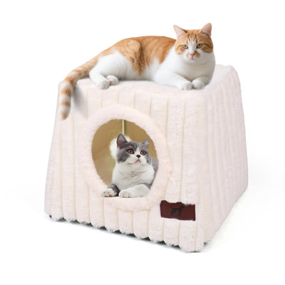 Lit pour chat intérieur en peluche, grande grotte pour chat avec boule pelucheuse, lit pour chien et chat doux et confortable