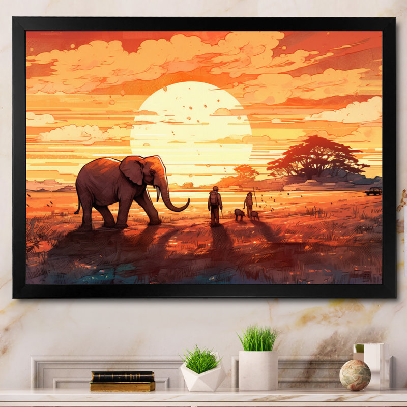 Orange orange safari avec éléphants III sur toile, H 12 po x l 20 po x P 1 po, Cadre photo noir