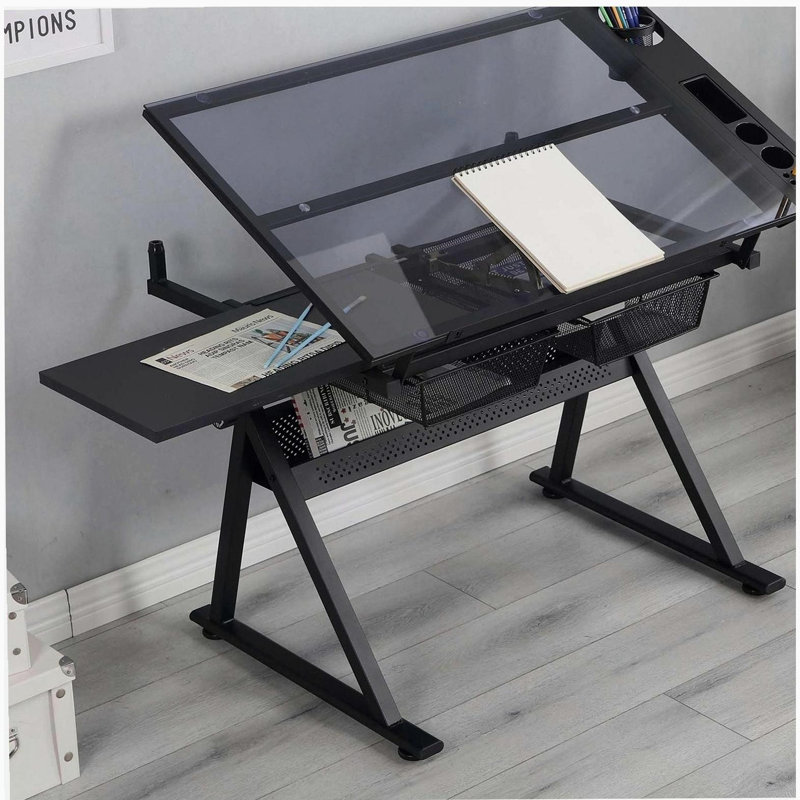 adjustable tempered glass drafting printing table with chair, Gray