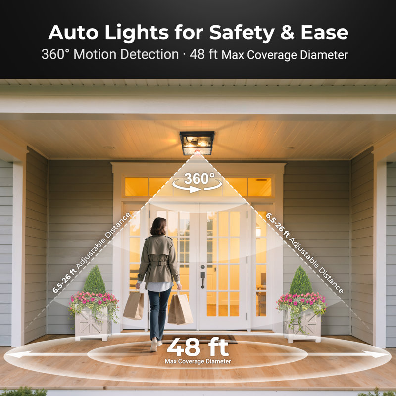 2-light Black Motion Sensor Outdoor Flush Mount Ceiling Light, Dusk to Dawn Outdoor Ceiling Light with Remote Control