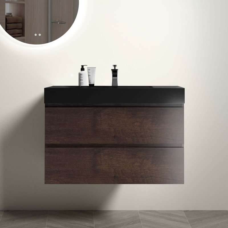 Meuble-lavabo flottant mural 36 po avec lavabo, Noyer, Noir, noir, noir, noir