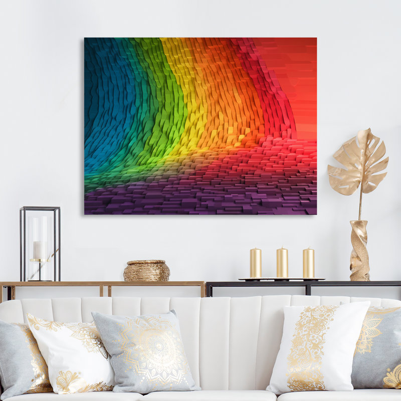 Reproduction sur toile de formes d'ondes représentant un arc-en-ciel abstrait, H 16 po x l 32 po x P 1 po, Toile tendue