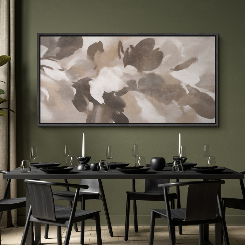 Neutral Abstract Floral Framed Canvas Wall Art - Soft Brushstroke Petals for Modern and Transitional Spaces, Black