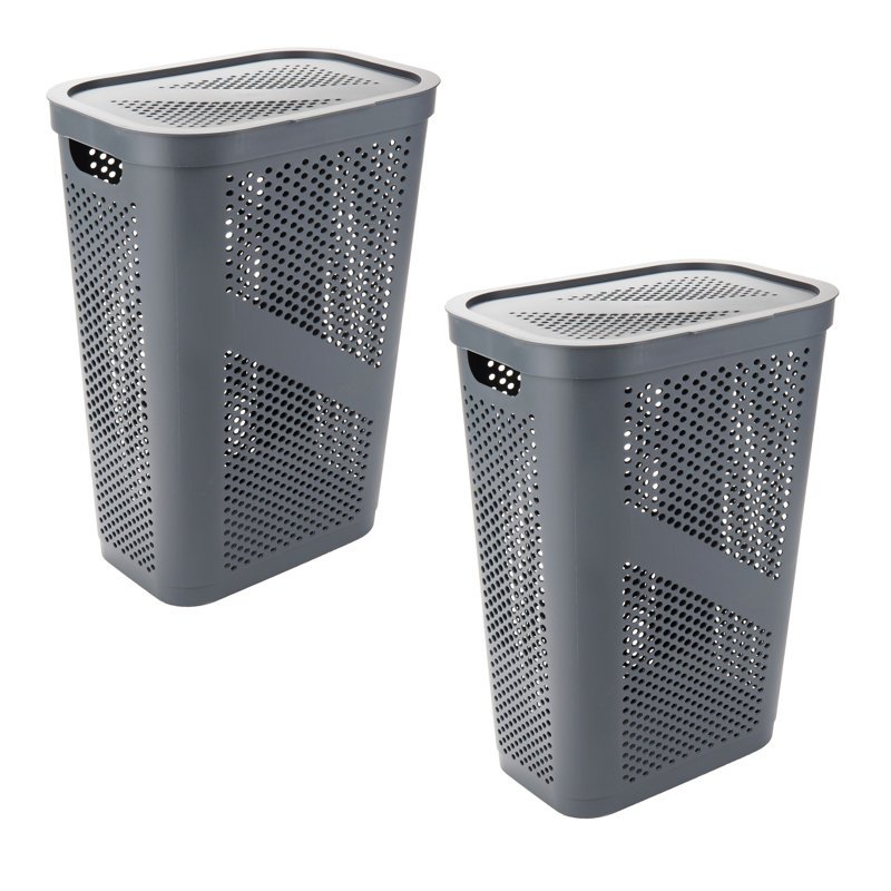  60L Slim Laundry Hamper, Clothes Basket, Lid, Ventilated, Plastic, 17.25"L x 13.75"W x 23.5"H, 2-Pack, Gray