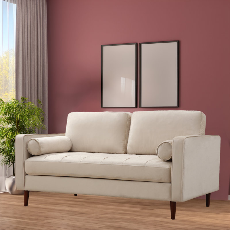 Causeuse 2 places avec pieds en bois de noyer, Beige