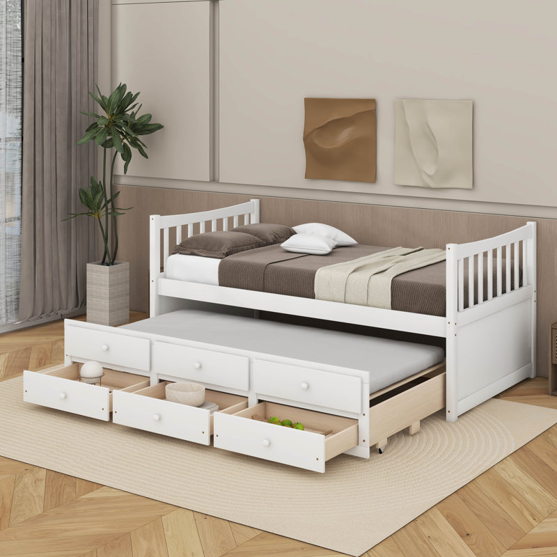 Twin Size Daybed With Drawers And Trundle, White