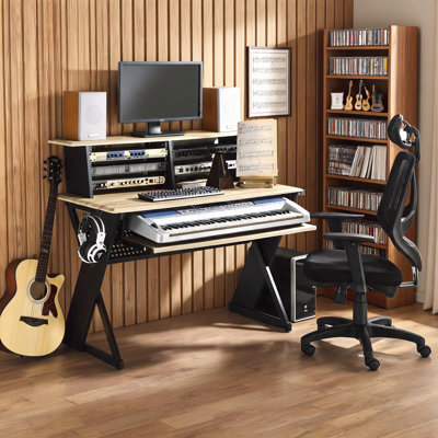 Rectangular music studio desk, natural woodgrain finish, spacious keyboard tray and integrated cable management, fits 61-key keyboards