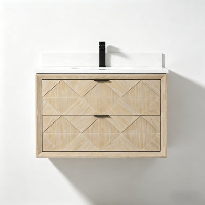 36" Transitional Floating Single Sink Solid Wood Natural Oak Bath Vanity with Engineered Marble Top